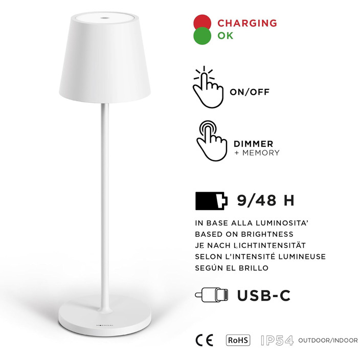 Світлодіодна настільна лампа Stilosa Classica 3, димуюча, акумуляторна, IP54 для дому та вулиці, тепле світло, дизайнерська, USB-C, матово-біла, кругла основа, 38 см