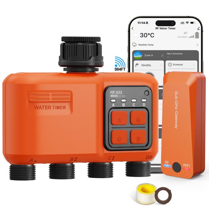 Розумний контролер поливу WiFi з RF 300м, 4 виходи, керування зі смартфону та голосом, датчик дощу для саду, балкону, газону