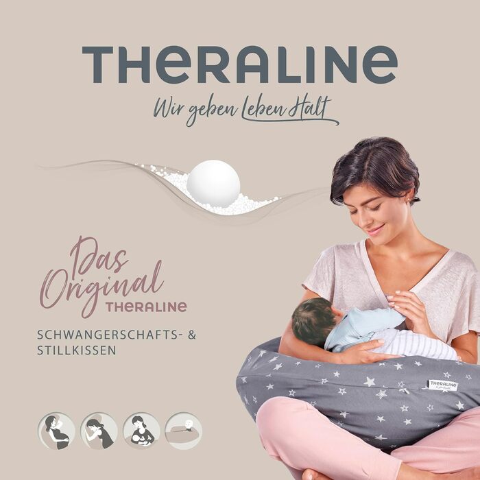 Подушка для вагітних та годування груддю Theraline Original 190 см, зелений хакі (з чохлом) - подушка для сну на боці, перлинний наповнювач
