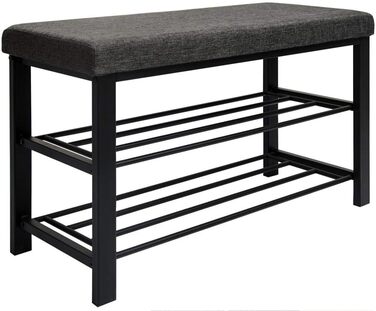 DuneDesign взуттєва полиця 81x32x46 см, відкрита металева лавка для взуття з 2 полицями та м'яким сидінням з льону, сіра