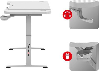 Ігровий стіл Huzaro Hero 2.6 білий, 120x60 см, метал, 3 рівні, з підставкою для навушників і напоїв, кабель-менеджмент, з килимком для миші