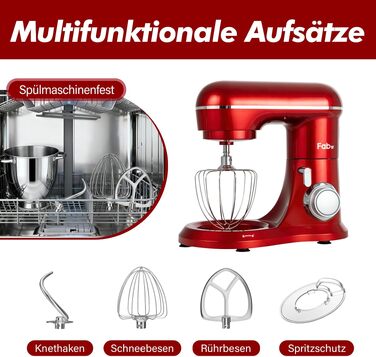 Кухонний комбайн Kitchen in the box Fab-Serie 6L: потужний планетарний міксер 1300 Вт, 10 швидкостей, з набором насадок (гак, вінчик, міксер), червоний