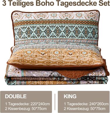 Покривало WONGS BEDDING Boho 220x240 см, стьобане, мікрофібра, 3 предмети: покривало і 2 наволочки 50x75, блакитне, для двоспального ліжка, спальня або диван