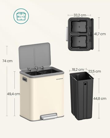 Сортувальний смітник для кухні SONGMICS, 2×15 л, сталевий, з м'яким закриттям, 2 секції для роздільного збору, бежевий