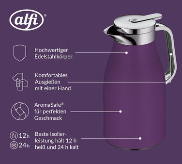 Термос Alfi SKYLINE 1.0л, пастельний колір, нержавіюча сталь, з термоізоляцією, з скляною вставкою, з поворотним клапаном, з зручною кнопкою, ергономічна ручка, ідеальний для кави та чаю, без BPA (1000 мл, Deep Lavender)