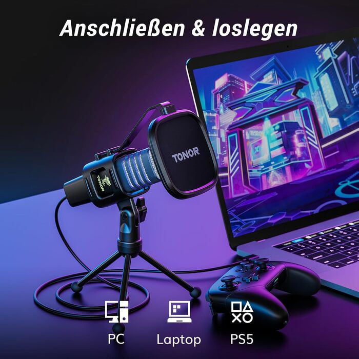 Ігровий USB-мікрофон TONOR TC30 з RGB підсвіткою для ПК, стрімінгу, подкастів, студії, конденсаторний, кардіоїдна спрямованість, з підставкою, для ігор, YouTube, конференцій, співу, сумісний з PS4, PS5