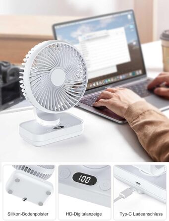 Вентилятор настільний USB портативний з акумулятором 4000mAh, 4 швидкості, LED-дисплей, білий