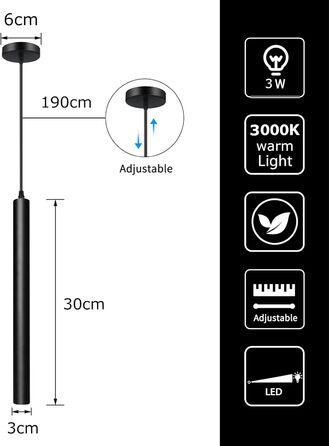 Світильник підвісний ACMHNC LED, 2 шт, циліндричний, чорний, для спальні, тумбочки, вітальні, сучасна регульована лампа, тепле біле світло, 30 см