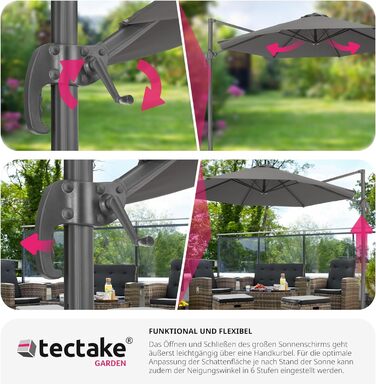 tectake® Парасолька-амбрела для саду та тераси, 300 см, з чохлом, регулюванням висоти, складана, з педаллю та ручкою, UV 50+, сіра