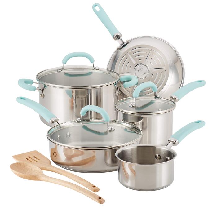 Набір посуду Rachael Ray Create Delicious з нержавіючої сталі, 10 предметів, червоні ручки