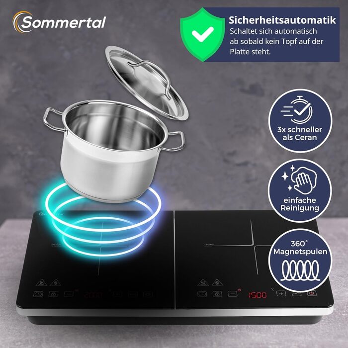 Індукційна плита Sommertal 2 конфорки 3500 Вт: портативна, сенсорна, з таймером до 4 годин, супер-тонкий дизайн