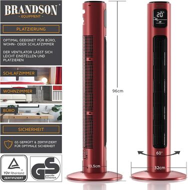Вентилятор-колона Brandson 96 см з дистанційним керуванням, 3 швидкості, осциляція 60°, мобільний, рубіново-червоний, призер 2024 року