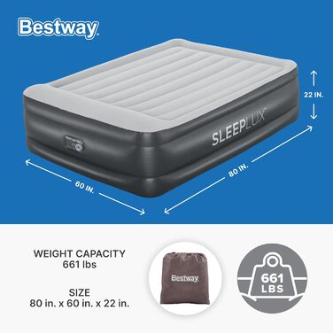 Надувний матрац SleepLux Dream Luxus подвійний з вбудованим насосом, 45.7 см, високий, для гостей, кемпінгу, дому