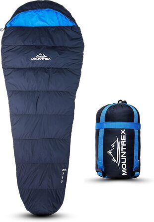Спальний мішок MOUNTREX мумія 3 сезони, ультралегкий, 1500г, компактний, для кемпінгу та подорожей, синій, лівий замок
