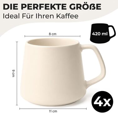 Набір керамічних чашок для кави та чаю MIAMIO Luxe (4 шт, 420 мл), Cream Rose — для капучино та еспресо, підходять для мікрохвильової печі та посудомийки