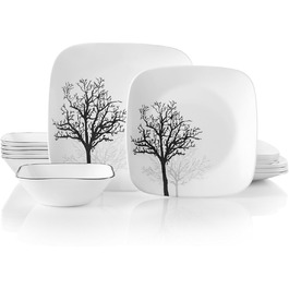 Набір посуду Corelle Timber Shadows 18 предметів, чорний і білий, для 6 персон, ударостійкий – квадратні тарілки 26 см, 17 см і миски 530 мл