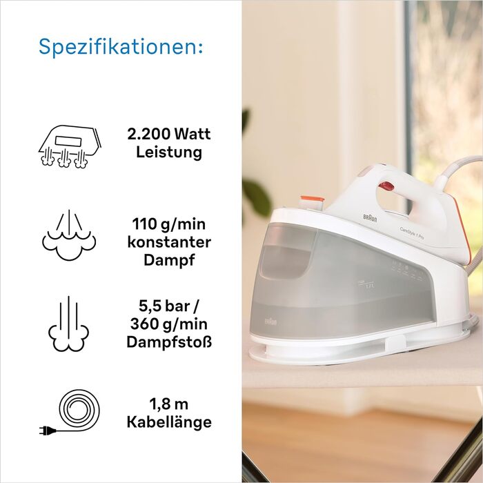 Праска з парогенератором Braun CareStyle 1 Pro IS 1511 WH: професійна система для прасування з технологією FreeGlide 3D, вертикальним відпарюванням, антикрапельним захистом, резервуаром 1.7 л, 5.5 бар, 2200 Вт, біло-помаранчевий
