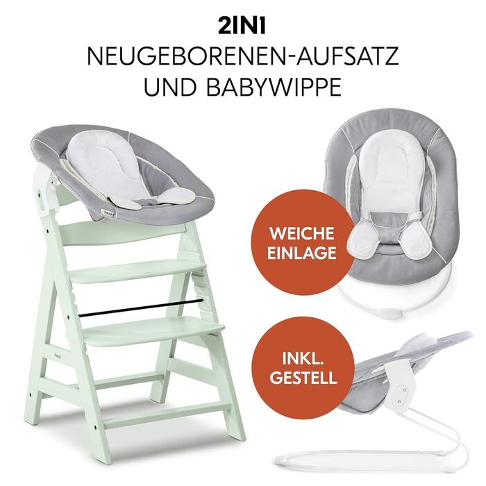 Дитячий високий стільчик Hauck Alpha+ Newborn Set з 2in1 гойдалкою - Зростаючий дерев'яний стільчик для годування з народження, з подушкою та гойдалкою для новонароджених - М'ятний Classic Mint