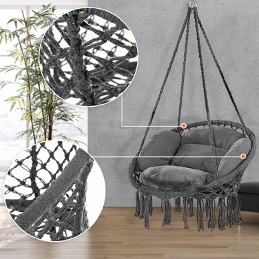 DETEX® Гамак-крісло підвісне до 150 кг, Boho стиль, стійке до погодних умов, сертифікат GS, для саду, 360° обертання, антрацит, для дому та вулиці, з зручною подушкою