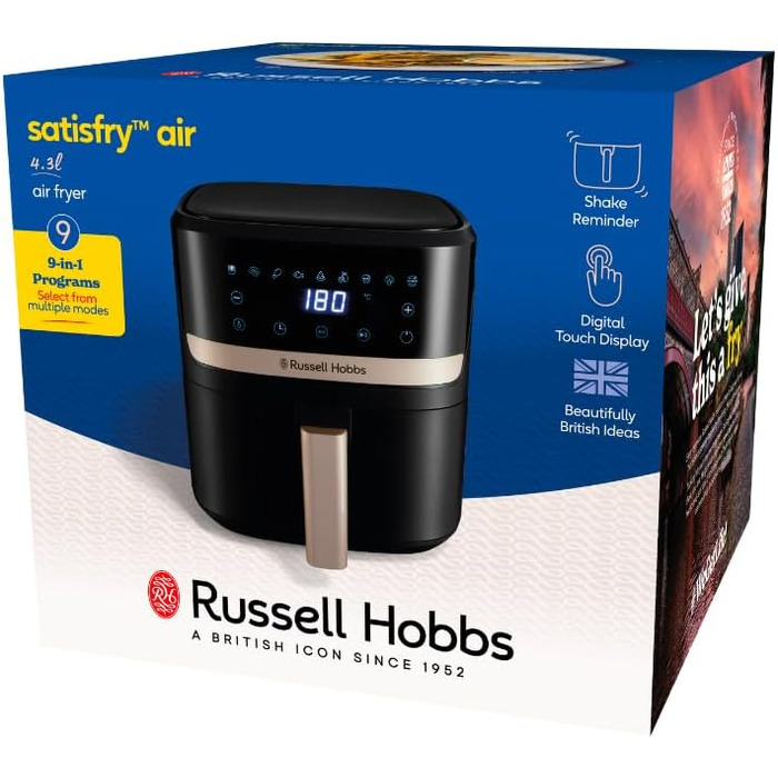 Аерофритюрниця Russell Hobbs SatisFry 4,3 л, 9 програм, Rapid AirFryer, без масла, сенсорне керування, компактна, гриль, випікання, до 200°C, модель 27610-56