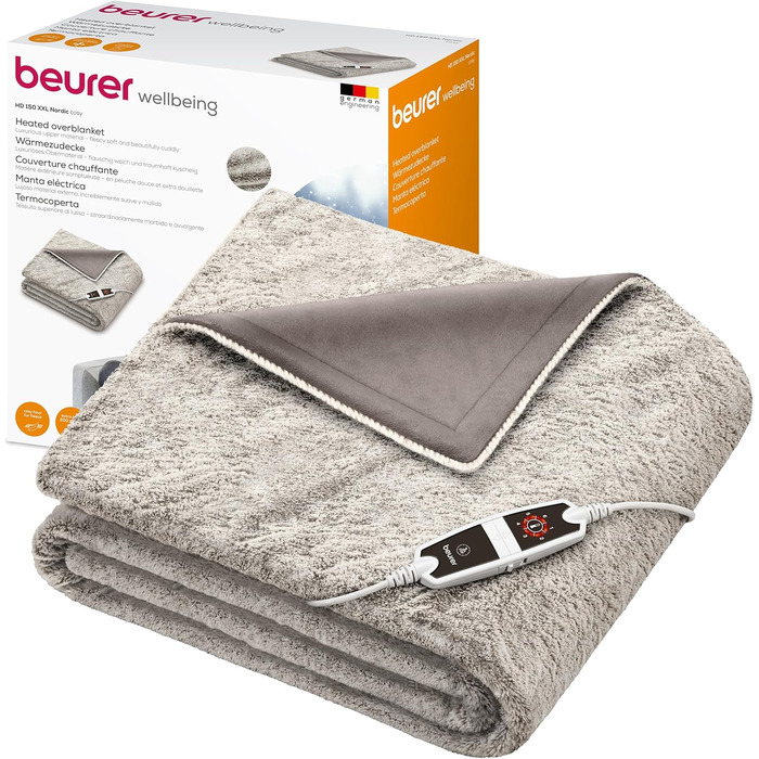 Електрична грілка-ковдра Beurer HD 150 XXL Nordic, 200x150 см, 6 температурних режимів, автоматичне відключення, машинне прання, м'яка флісова ковдра, колір тауп