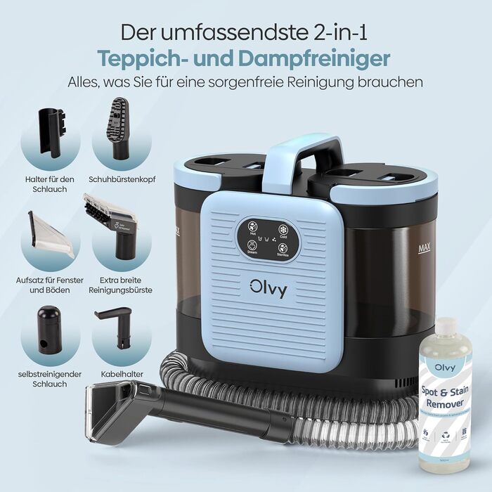 Olvy Teppichreiniger PRO: професійний пароочисник для килимів та м'яких меблів, 1650W. Включає миючий засіб. Підходить для чищення диванів, матраців та оббивки.