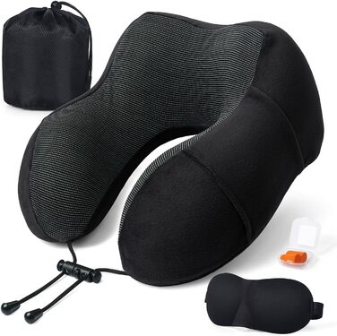 Дорожня подушка для шиї з піни Memory Foam з 3D маскою для сну та берушами, м'яка бавовняна U-подібна подушка для подорожей у літаку, авто, поїзді, офісі та кемпінгу (чорна)