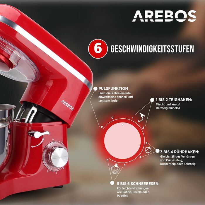 Кухонна машина Arebos 1500W з чашею 6L з нержавіючої сталі | Змішувач, гак для тіста, вінчик | Кришка від бризок | 6 швидкостей | Кухонний комбайн | Машина для тіста (червона)