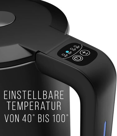 Електрочайник Balter з нержавіючої сталі, регулювання температури 40–100°C, подвійні стінки, BPA Free, 1,5 л, чорний, модель WK-11BL-LCD