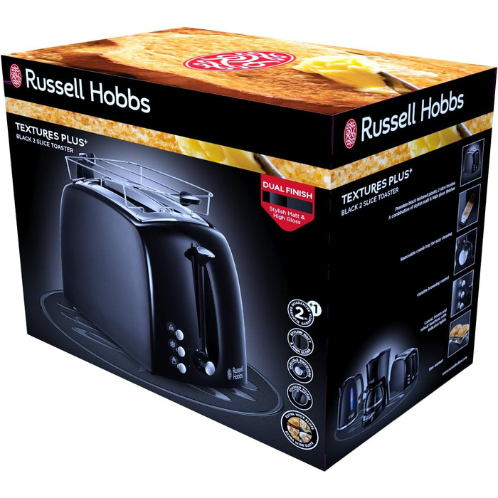 Тостер Russell Hobbs Textures+ (2 широкі слоти, підставка для булочок, 850 Вт, чорний) + Електричний чайник скляний Russell Hobbs Classic (1.7 л, 2400 Вт)