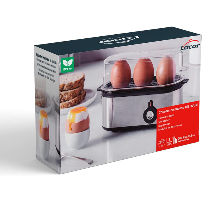 Електрична яйцеварка Lacor TRI OVUM з нержавіючої сталі 18/10, BPA-free, 3 режими приготування, автоматичне вимкнення, 3 яйця, сіра