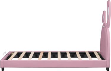 Дитяче ліжко Merax 90x200 см, рожеве, з м’якою спинкою у формі зайчика, дерев’яний каркас, оббивка з екошкіри, підвищені ніжки, ліжко для дівчинки