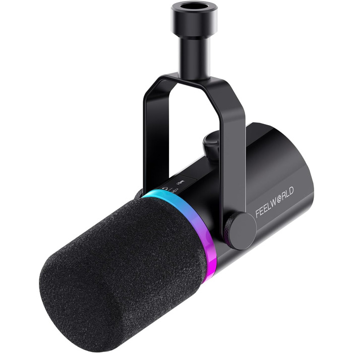 FEELWORLD PM1: Динамічний мікрофон XLR/USB з RGB-підсвіткою для подкастів, YouTube, геймінгу та студії. З навушником, підставкою та кабелем.