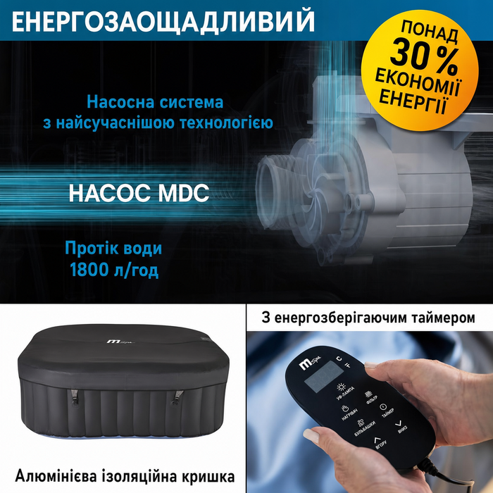 Надувний СПА-басейн BRAST MSpa Tekapo для 6 осіб 185x185 см, 132 гідромасажні форсунки, енергозберігаючий таймер, нагрів, функція надування, для дому та вулиці