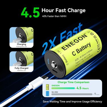Акумулятори ENEGON C (LR14) 1.5V Li-Ion з портом USB-C для зарядки, 7400mWh, жовті (набір 4 шт)