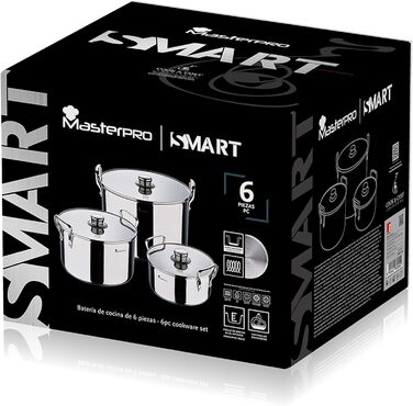 Набір посуду MasterPro Smart 6 предметів: 3 сковороди (20/24/28 см) з нержавіючої сталі, 3 дерев'яні аксесуари, ергономічні ручки, для плити й духовки, можна мити в посудомийці