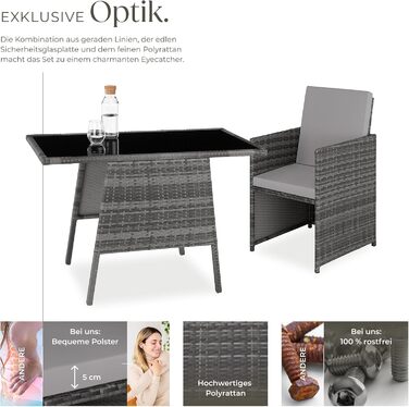 Комплект меблів з поліратану для балкона та тераси tectake, 2 крісла і стіл, сіра вулична лоунж-група для саду, компактні, стійкі до погодних умов