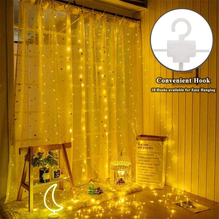 LED світловий завіса 3x3 м 300 LED, тепле біле світло, водонепроникна, USB/батарея, 8 режимів, таймер, пульт, для декору спальні та вечірок