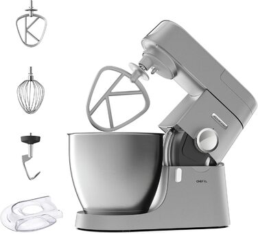 Кухонний комбайн Kenwood Chef XL KVL4100S з великою чашею 6.7 л з нержавіючої сталі, 1200 Вт, набір для випічки, срібний