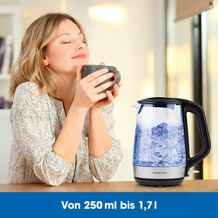 Електричний чайник зі скла GOURMETmaxx з LED підсвіткою, швидким закипанням, фільтром від накипу, об'ємом 1,7 л, потужністю 2200 Вт