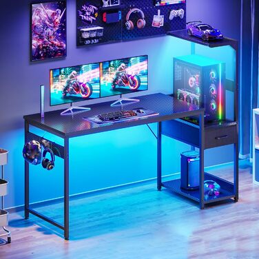 Ігровий стіл Coleshome з LED підсвіткою, шухлядами та полицею, чорний (карбон), 138x48 см
