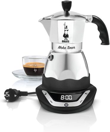Електрична кавоварка Bialetti Moka з таймером, 6 чашок, 365 Вт, сріблясто-чорна