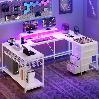 Кутовий письмовий стіл YITAHOME з 4 шухлядами та LED-підсвіткою, 158x100 см - ігровий стіл для дому/офісу з монітором, розетками та USB (білий)