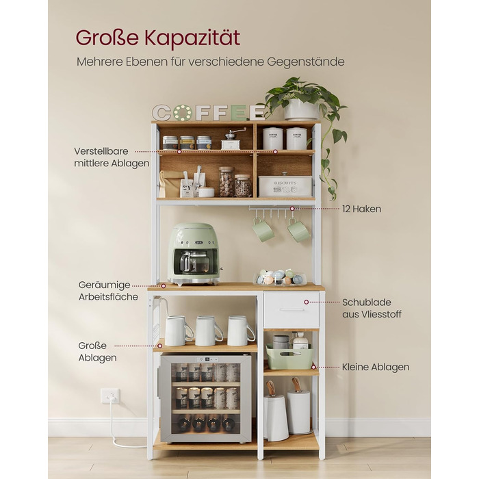 Стелаж кухонний VASAGLE з розетками, 40 x 100 x 180,4 см, 12 гачків, антрацит-чорний, KKS027B02