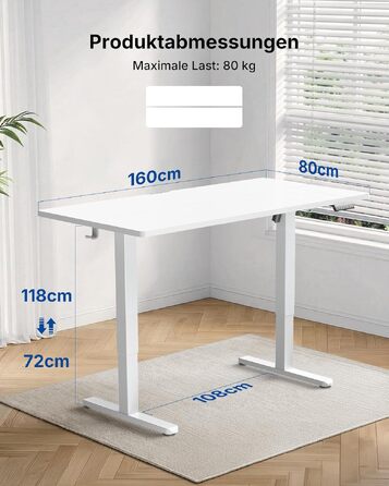 Регульований по висоті офісний стіл HUANUO 160x80 см з USB-C/USB-A, білий. Пам'ять на 4 положення, кабель-менеджмент