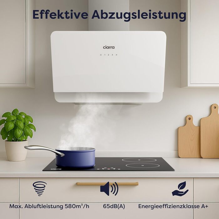 Похила витяжка для кухні CIARRA CBCS6765C 60 см, сталь та скло, білий/сріблястий, 580 м³/год, з вугільним фільтром CBCF055, сенсорне керування, настінний монтаж, клас A+