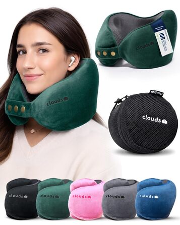 Подорожня подушка для шиї CLOUDS з ефектом пам'яті (Memory Foam) для літака та авто, регульований розмір L/XL, дихаюча м'яка оббивка, колір зелений
