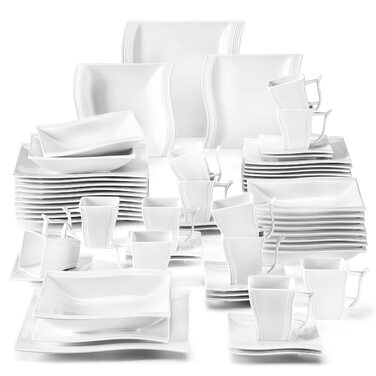 MALACASA Серія Flora – 60-елементний посудний сервіз для 12 осіб – кремово-білий порцелан з квадратним дизайном (тарілки, чашки, блюдця) – підходить для миття в посудомийній машині та для використання в мікрохвильовій печі