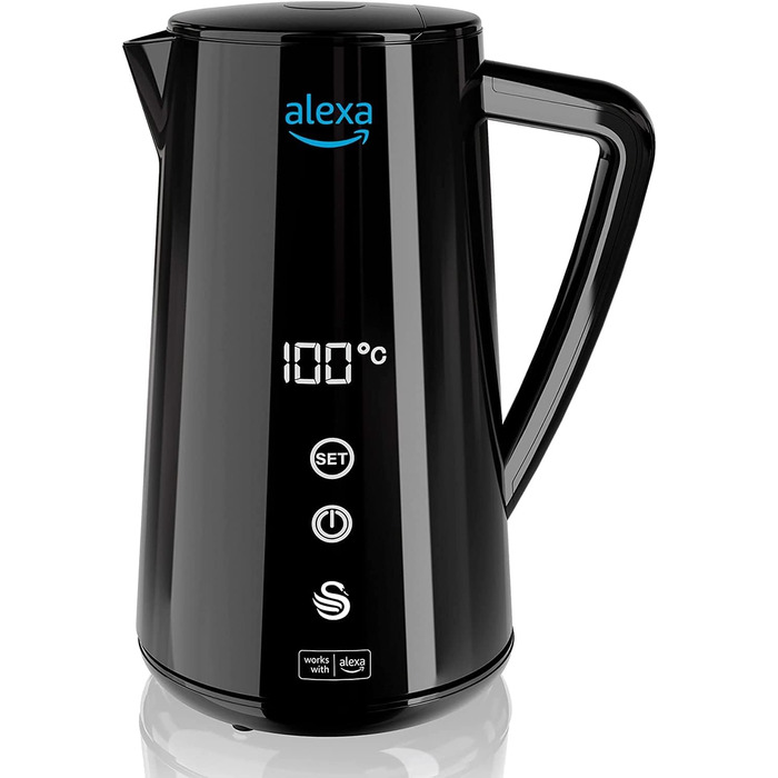 Розумний електрочайник Swan Alexa WIFI 1,5 л, чорний, сенсорний LED-екран, регулювання температури, підтримка тепла, ізольована сталева стінка, 1800 Вт, Euro-вилка