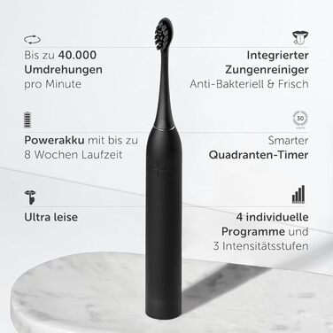 Електрична зубна щітка Wondersmile PRO - переможець тесту 2025 - 100 днів без ризику - сертифікована TÜV - 4 режими, акумулятор 60 днів, розумна насадка (Ultimate Black)